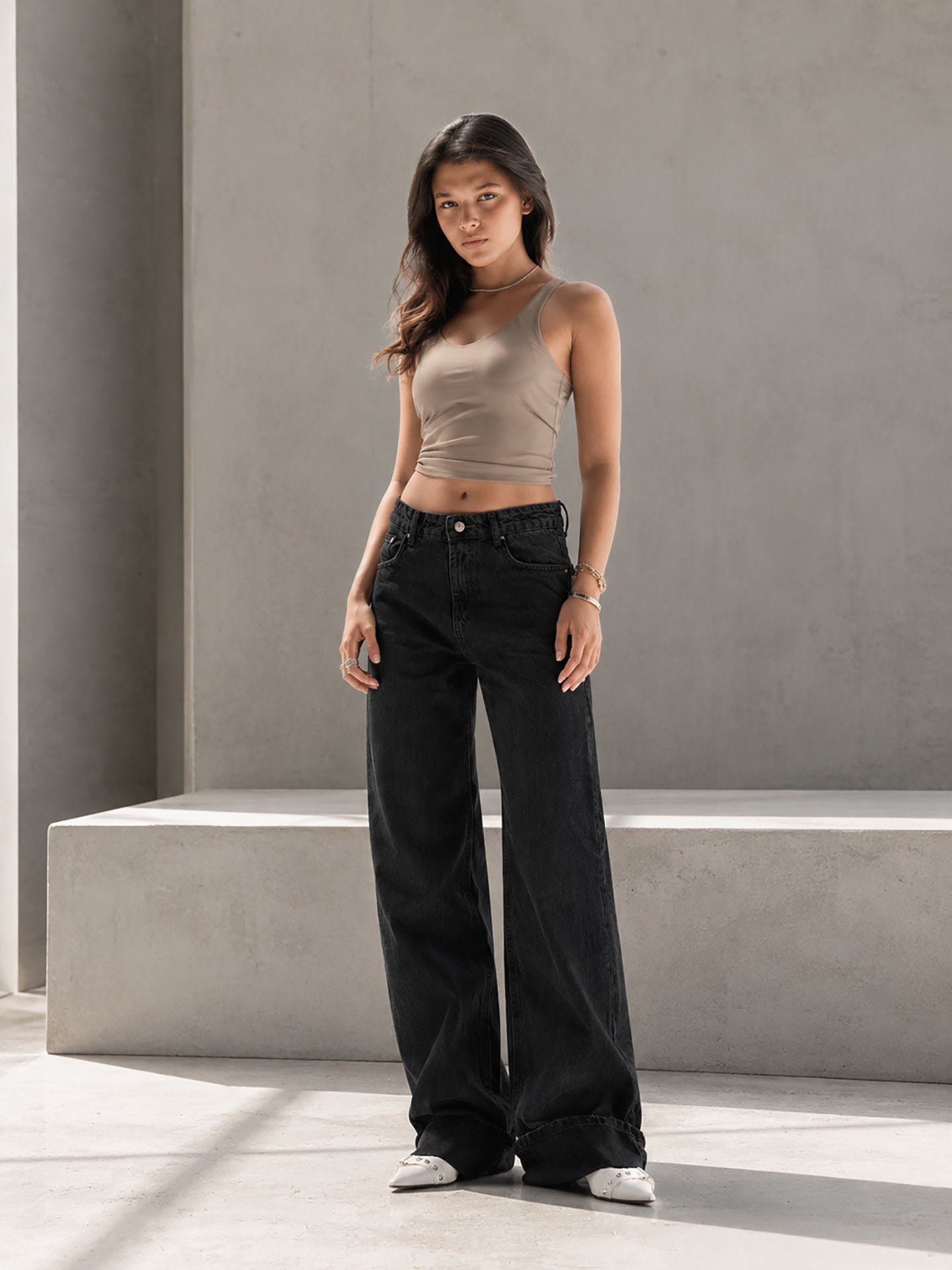 Black Wide-Leg Denim with Folded Cuff Detail