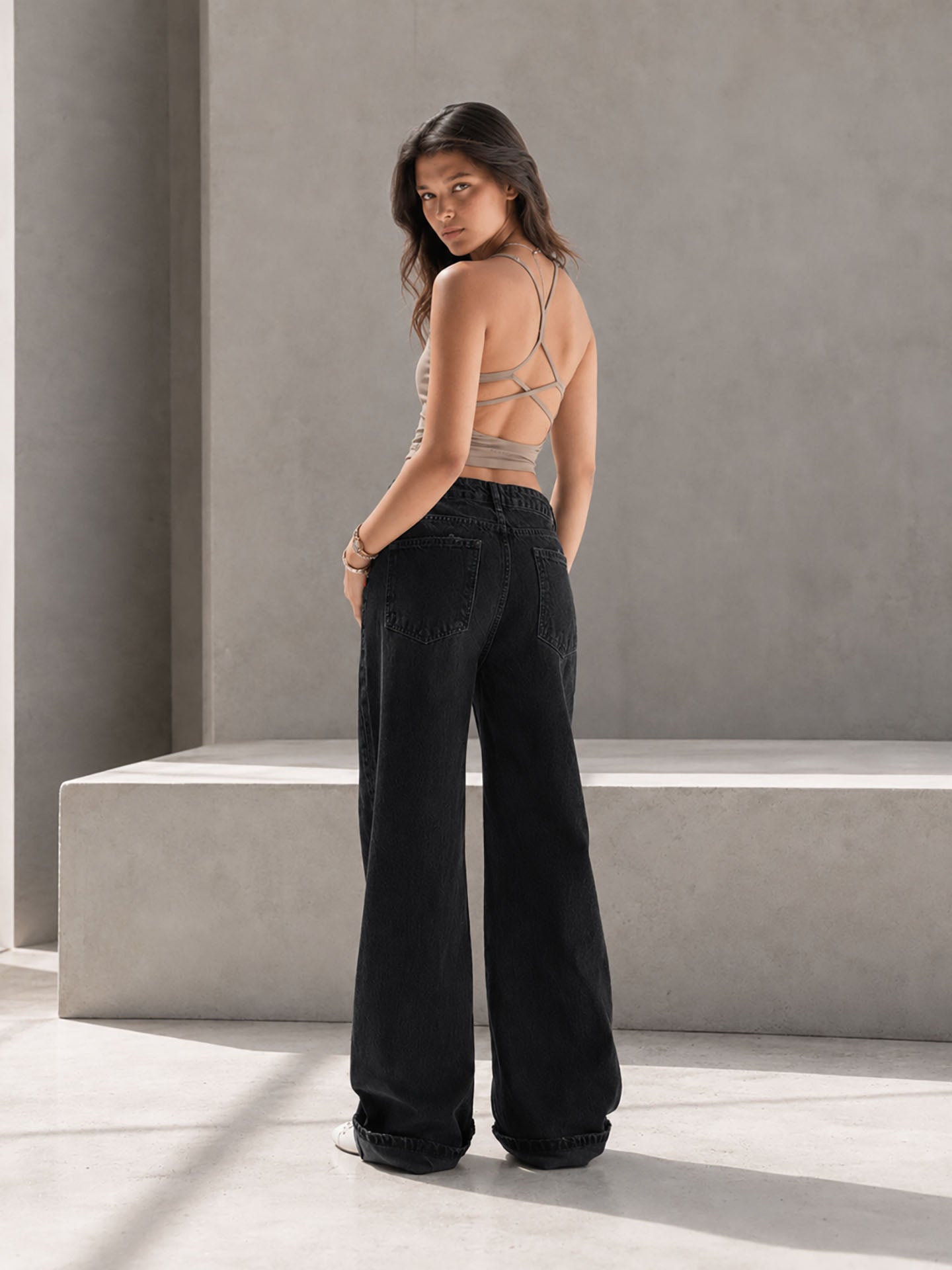 Black Wide-Leg Denim with Folded Cuff Detail