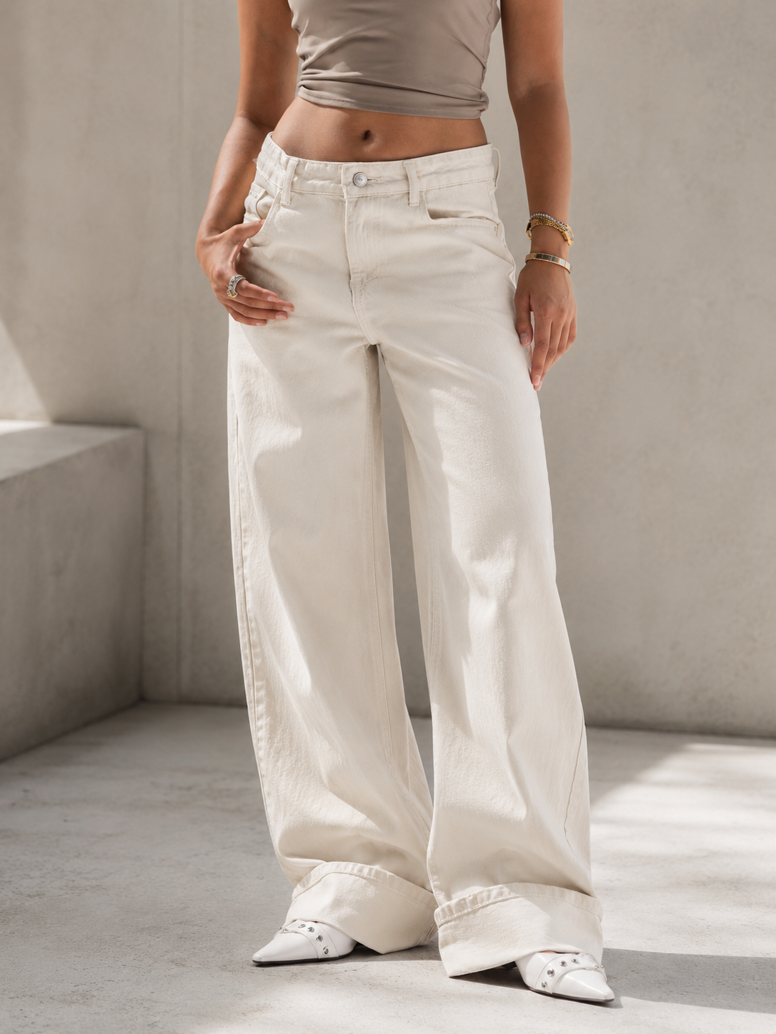 Off White Wide-Leg Denim with Folded Cuff Detail