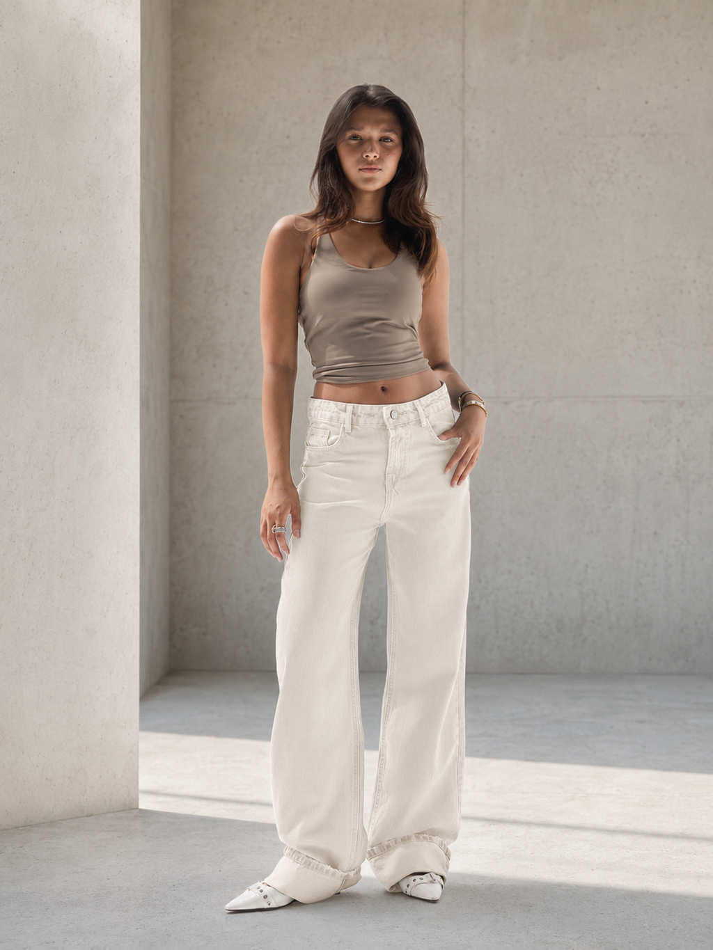 Off White Wide-Leg Denim with Folded Cuff Detail