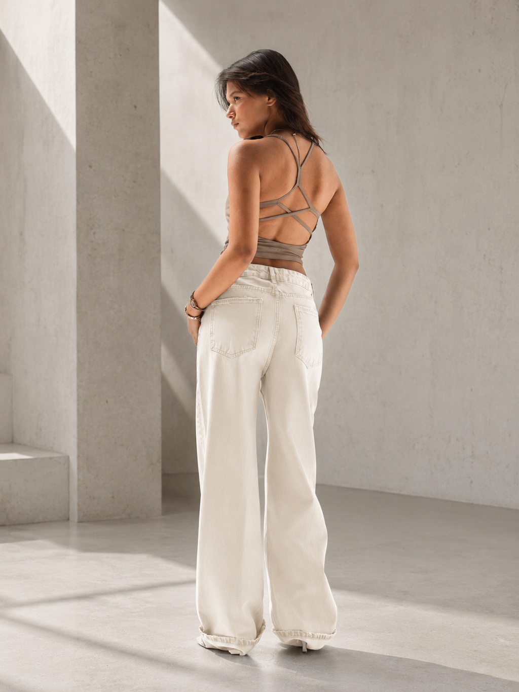 Off White Wide-Leg Denim with Folded Cuff Detail