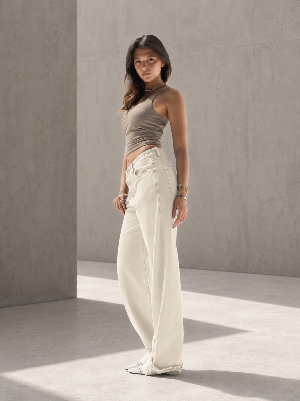 Off White Wide-Leg Denim with Folded Cuff Detail