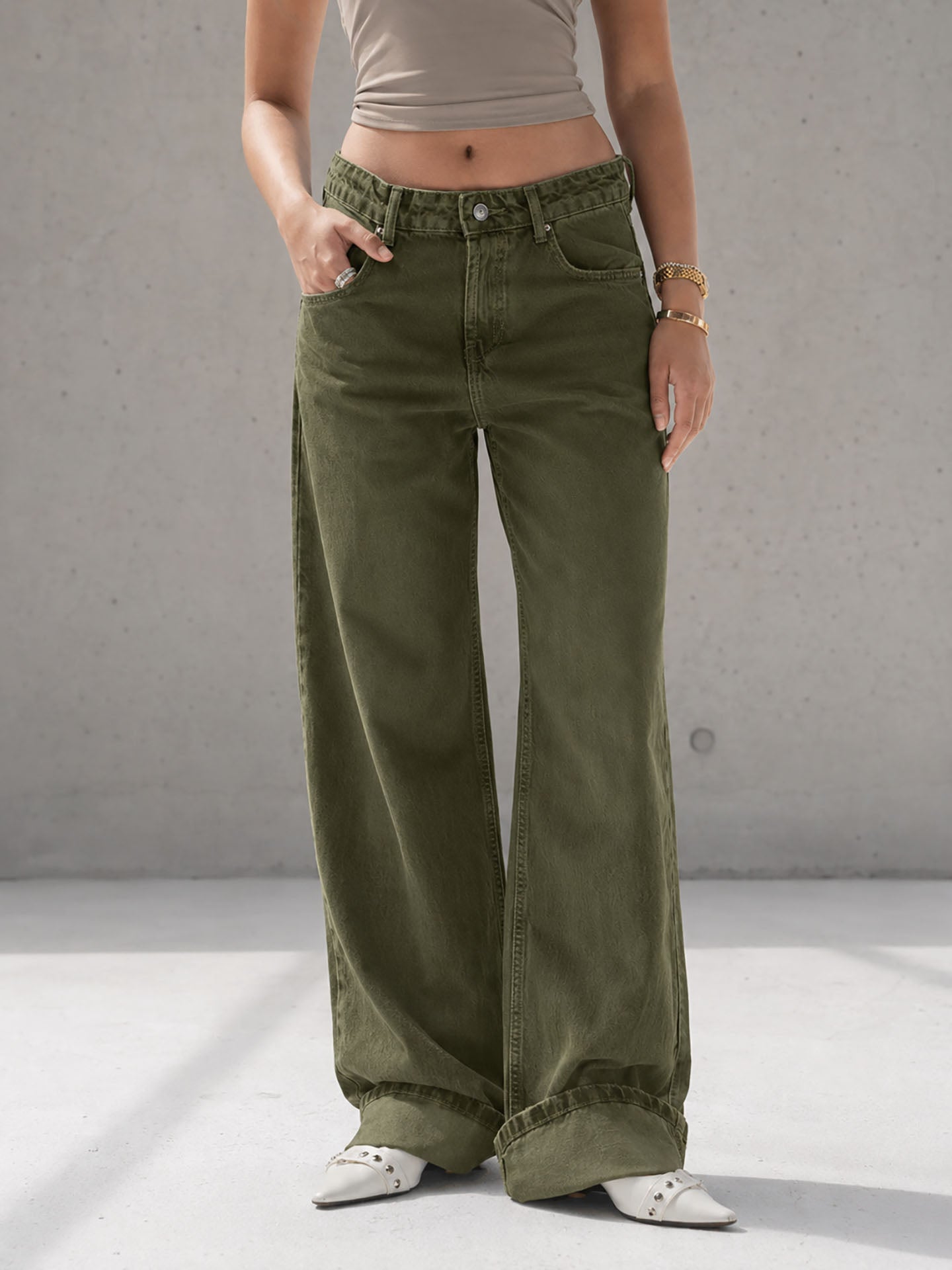 Olive Wide-Leg Denim with Folded Cuff Detail