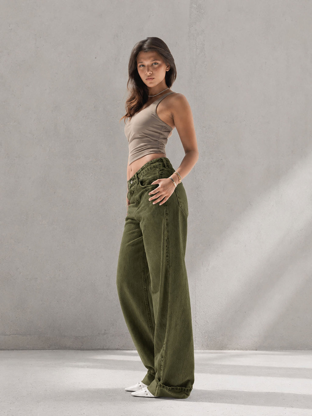 Olive Wide-Leg Denim with Folded Cuff Detail