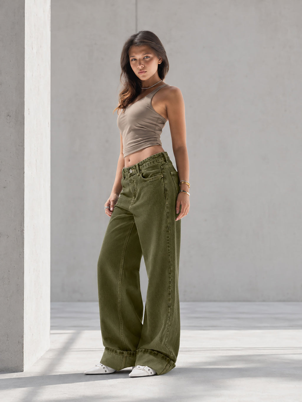 Olive Wide-Leg Denim with Folded Cuff Detail
