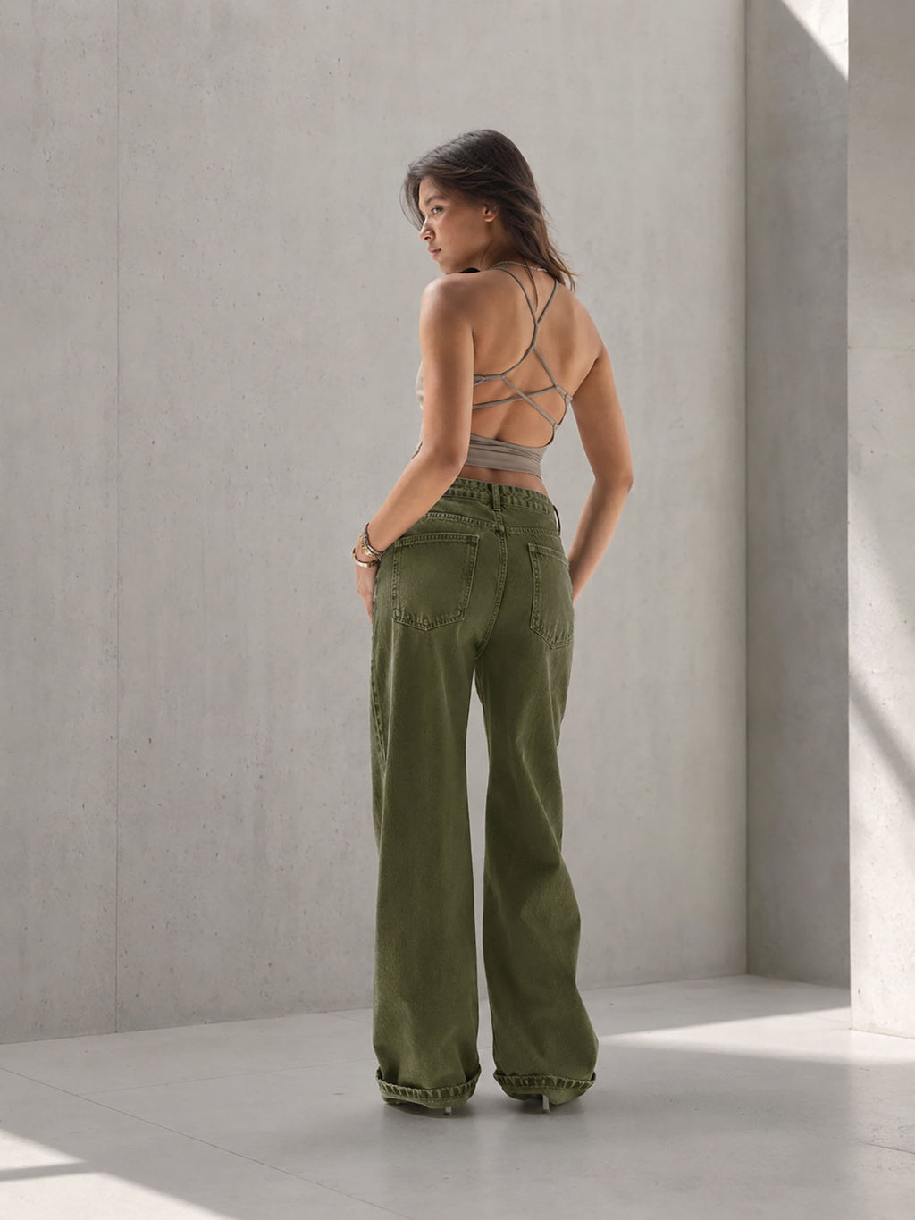 Olive Wide-Leg Denim with Folded Cuff Detail