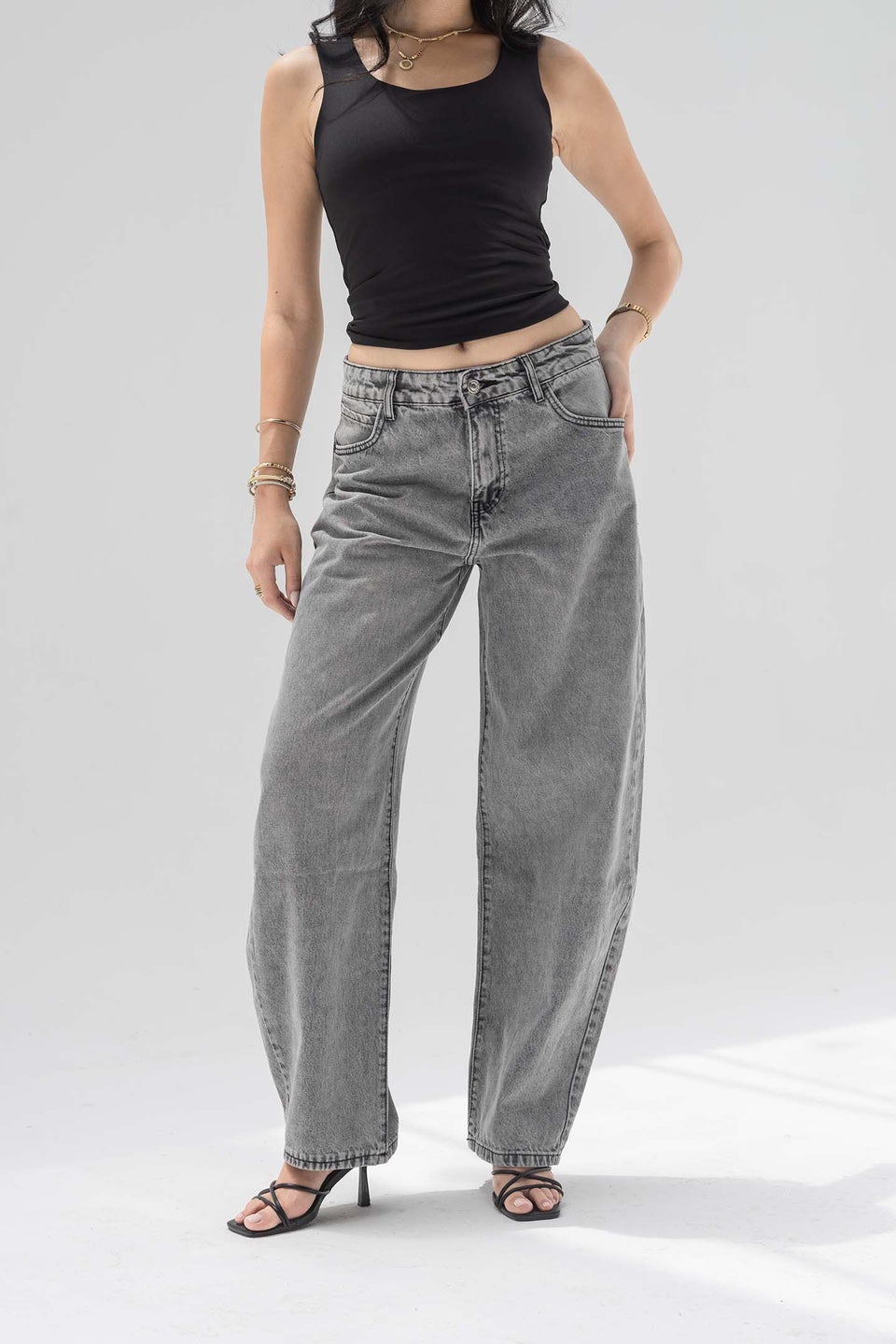 Grey Low-Rise Barrel-Leg Jeans