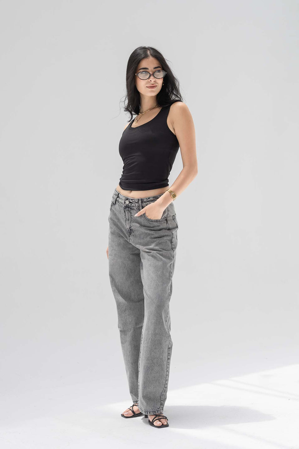 Grey Low-Rise Barrel-Leg Jeans