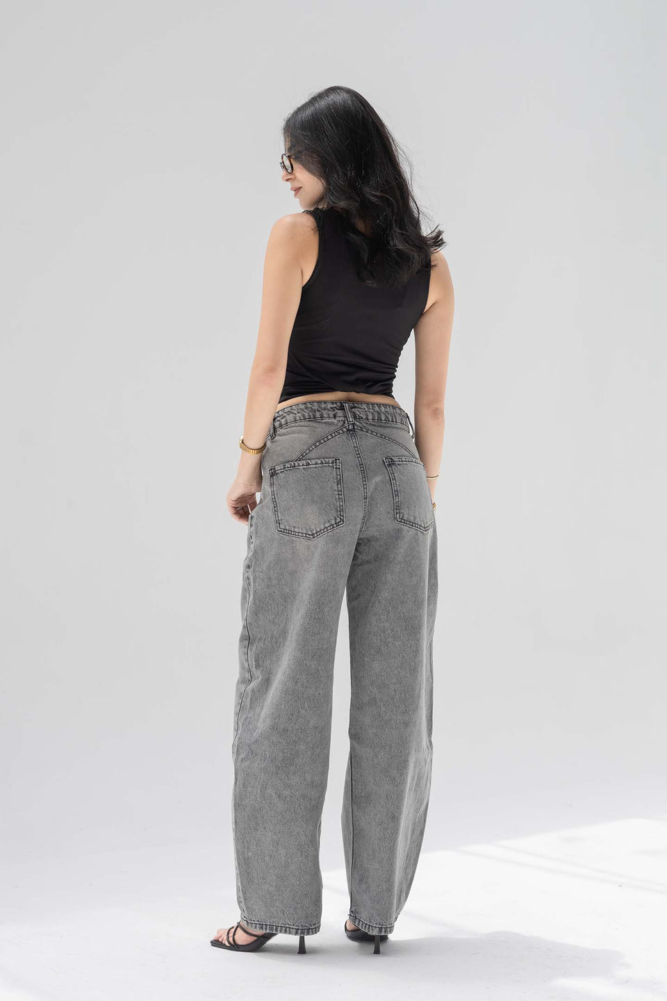 Grey Low-Rise Barrel-Leg Jeans