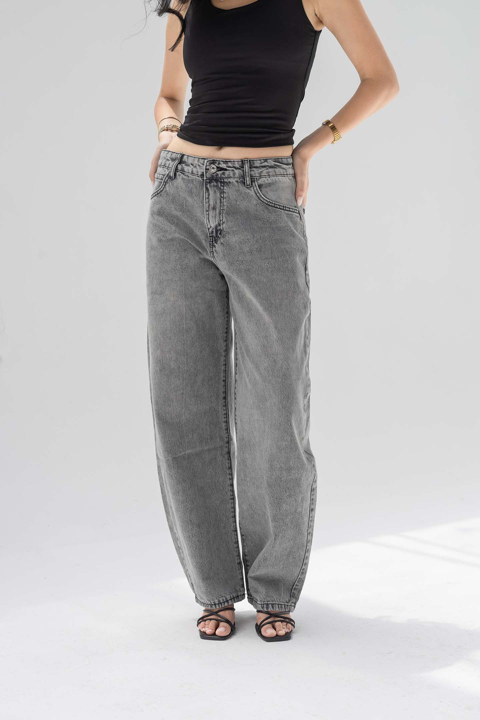 Grey Low-Rise Barrel-Leg Jeans