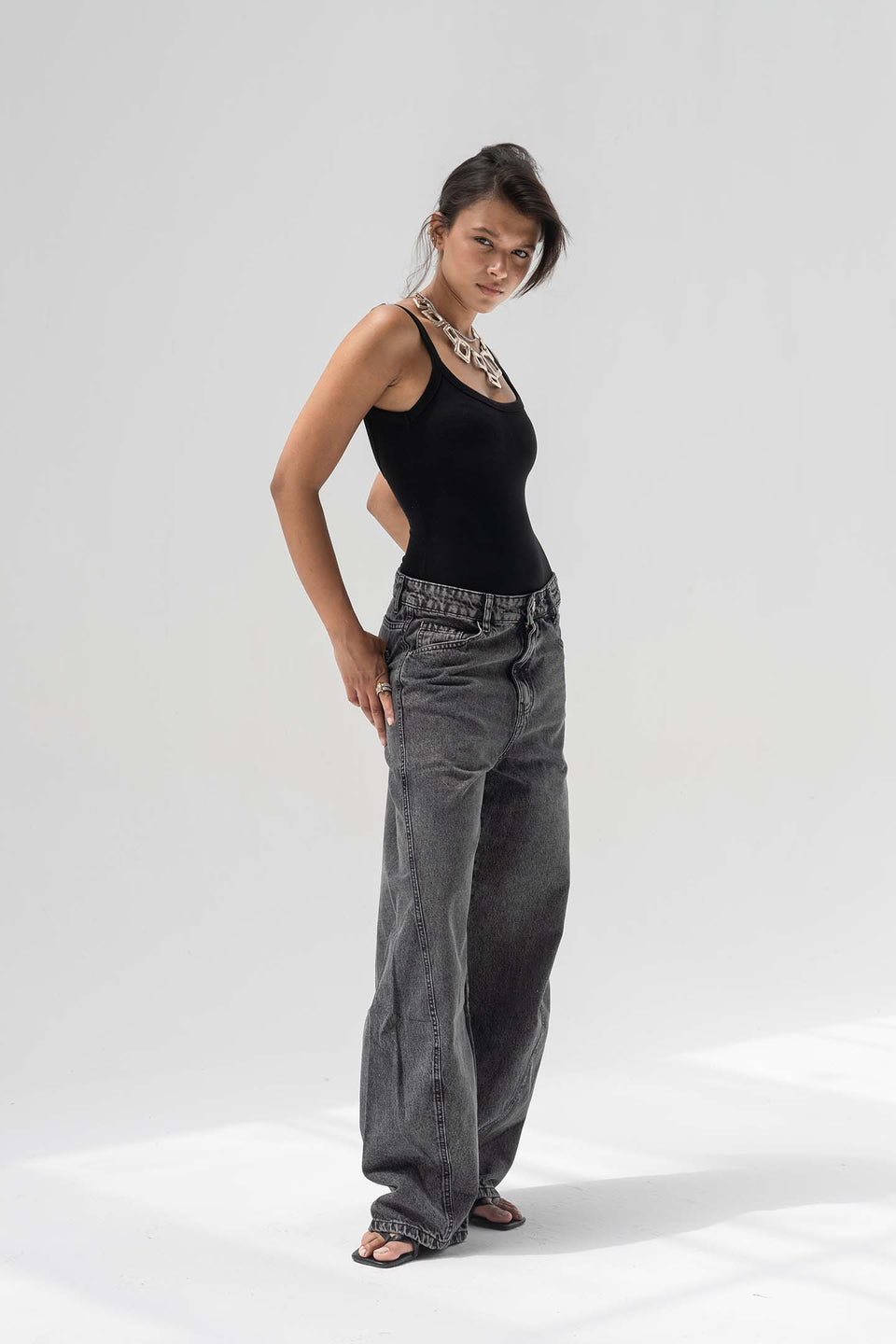 Grey Slouchy Balloon-Leg Baggy Jeans