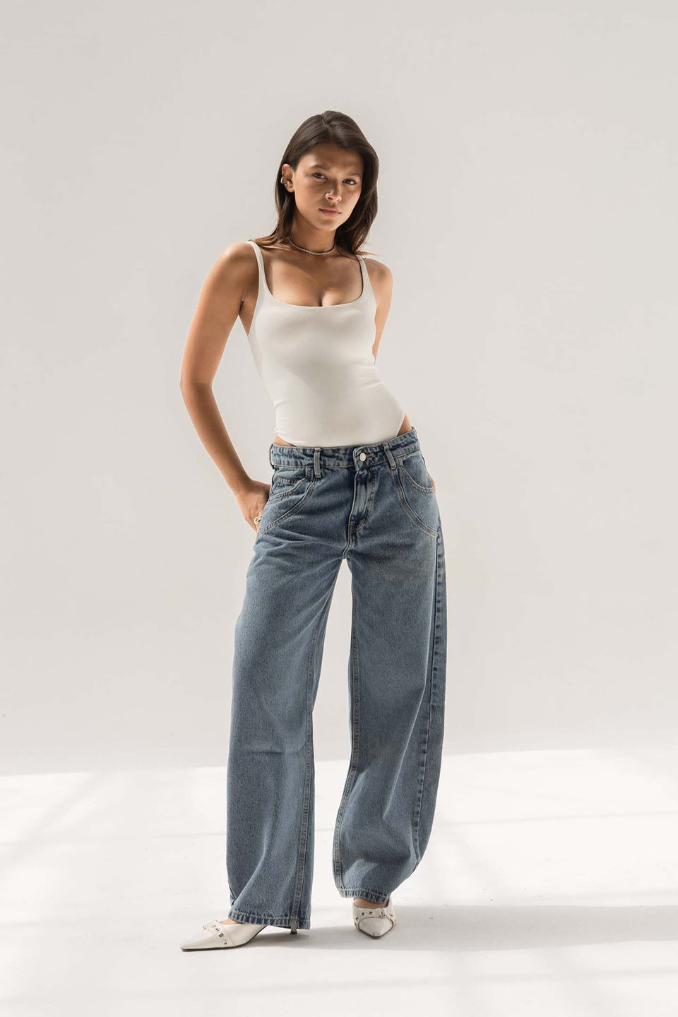 Blue Balloon-Leg Jeans with Seam Detail Pockets
