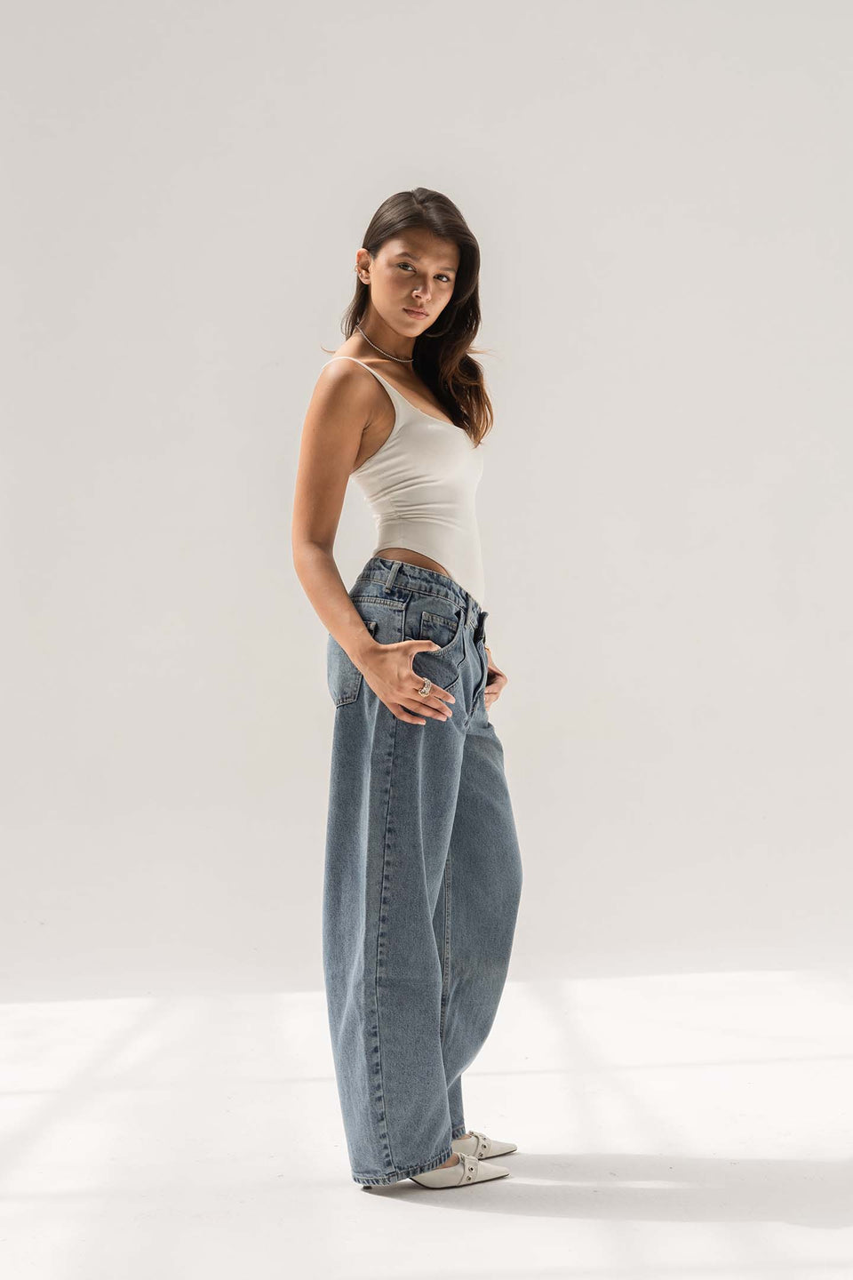 Blue Balloon-Leg Jeans with Seam Detail Pockets