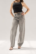 Grey Balloon-Leg Jeans with Seam Detail Pockets