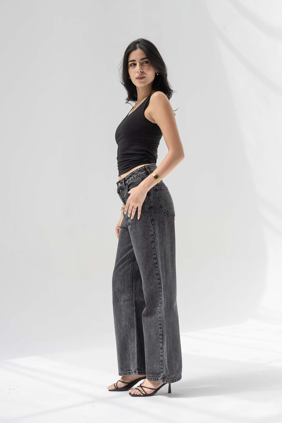 Grey High-Rise Wide-Leg Jeans