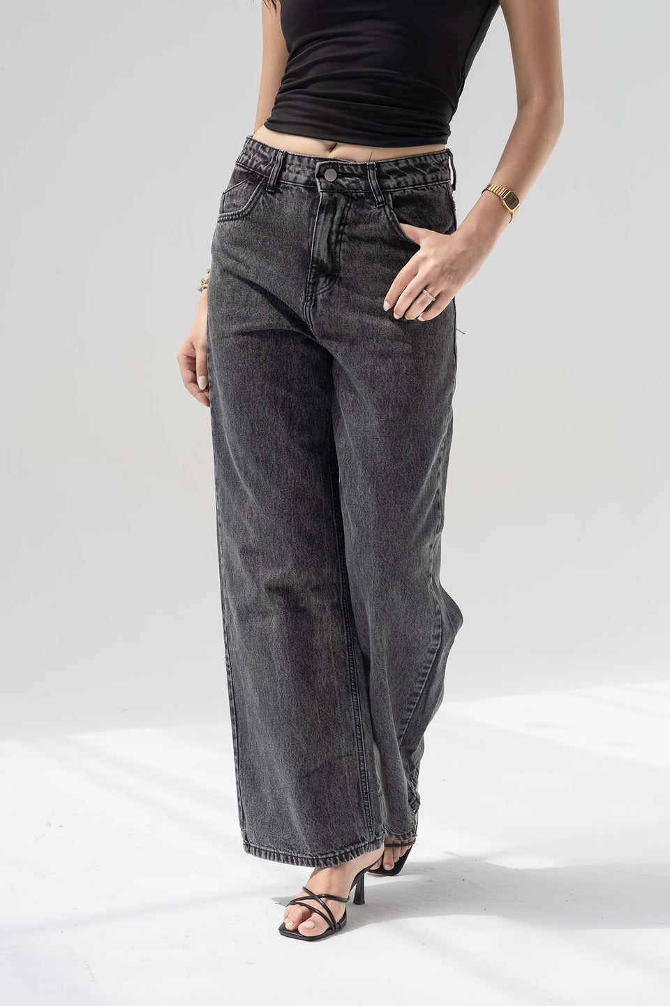 Grey High-Rise Wide-Leg Jeans