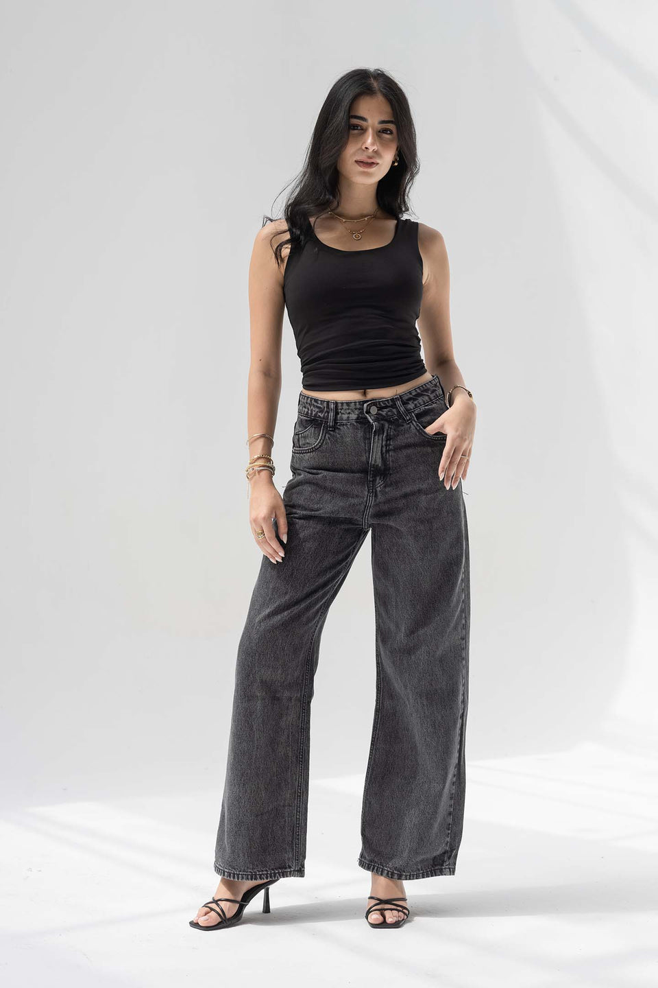 Grey High-Rise Wide-Leg Jeans