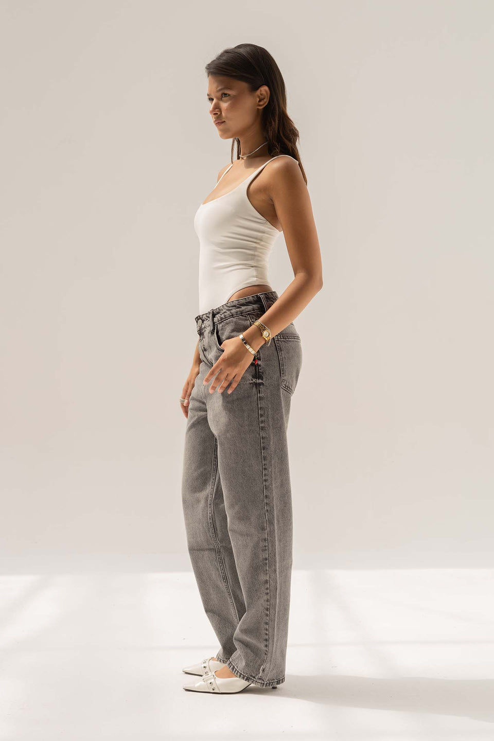Grey Mid-Rise Relaxed Straight Jeans