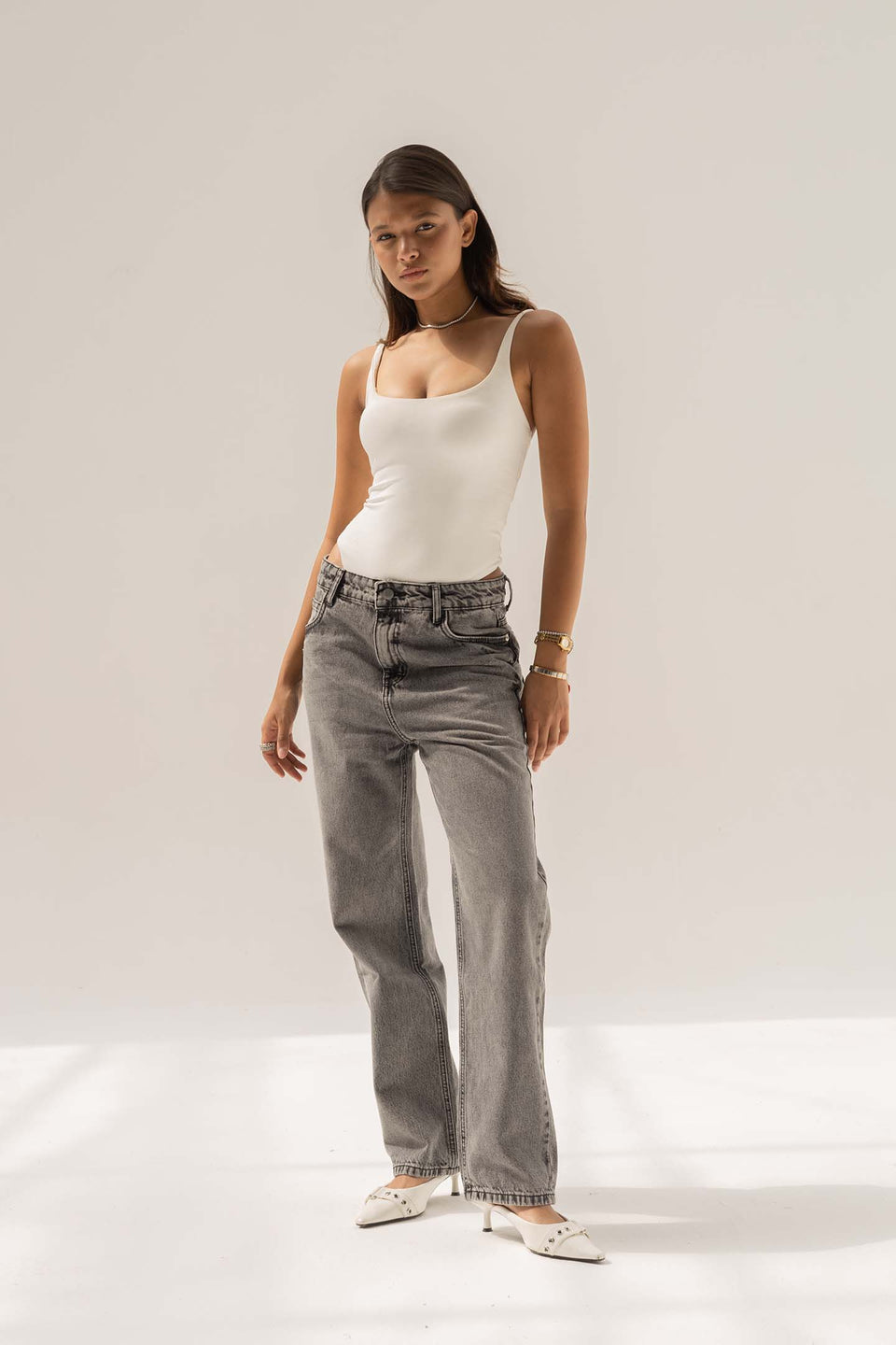 Grey Mid-Rise Relaxed Straight Jeans