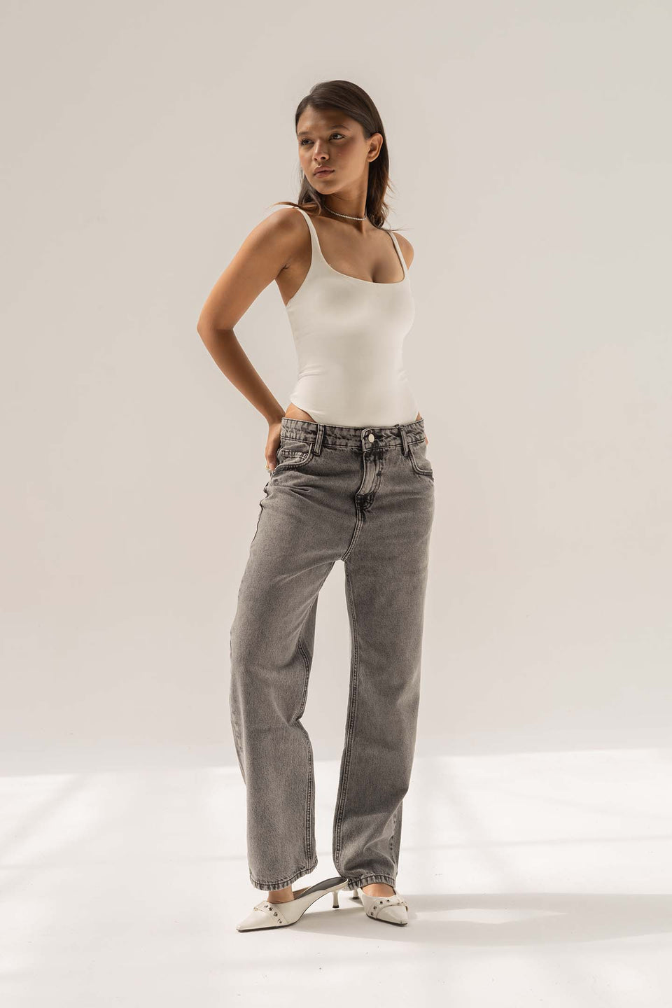Grey Mid-Rise Relaxed Straight Jeans