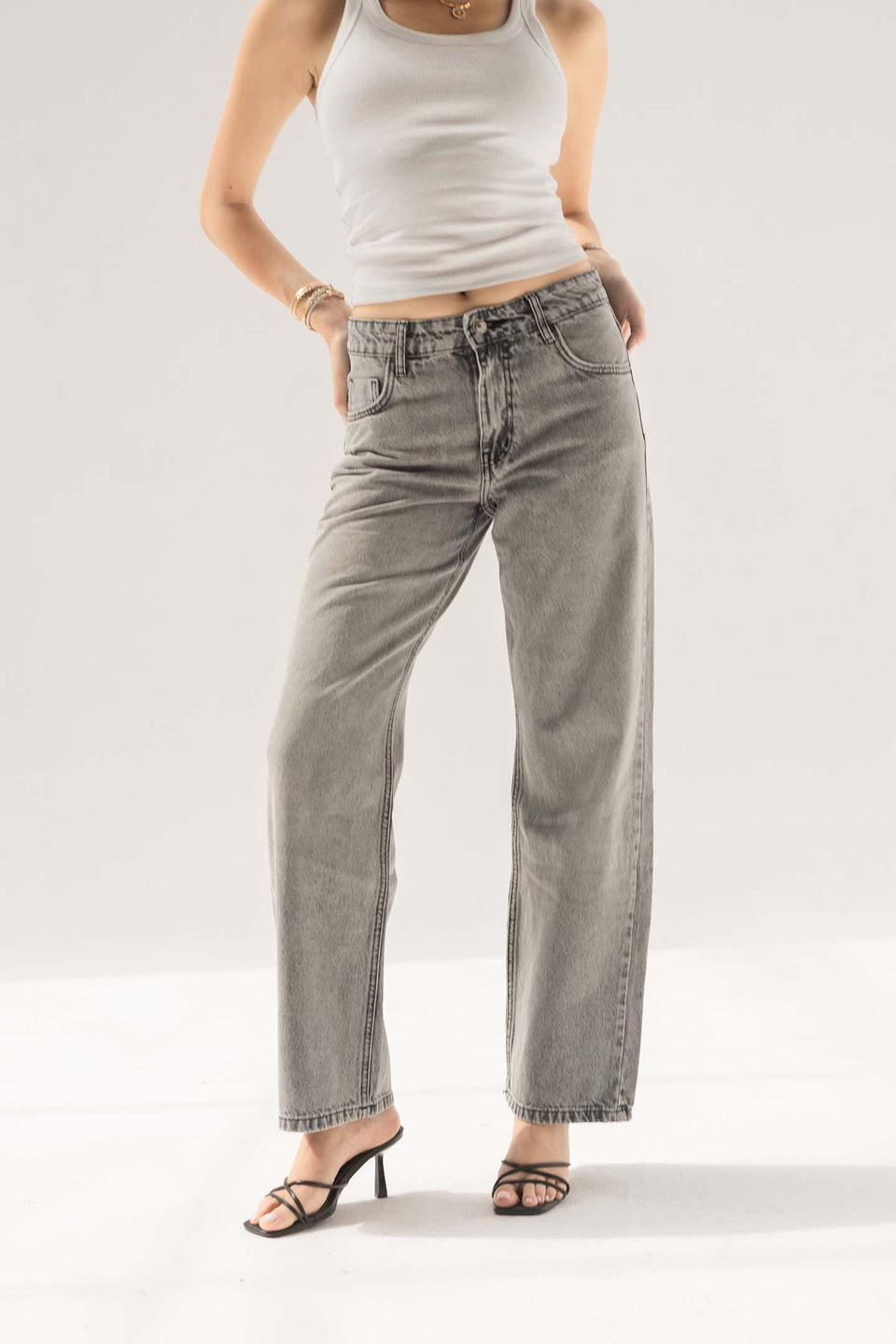 Light Grey Mid-Rise Relaxed Straight Jeans
