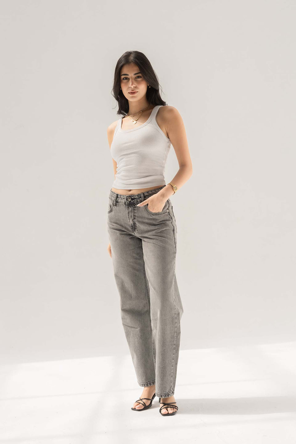 Light Grey Mid-Rise Relaxed Straight Jeans