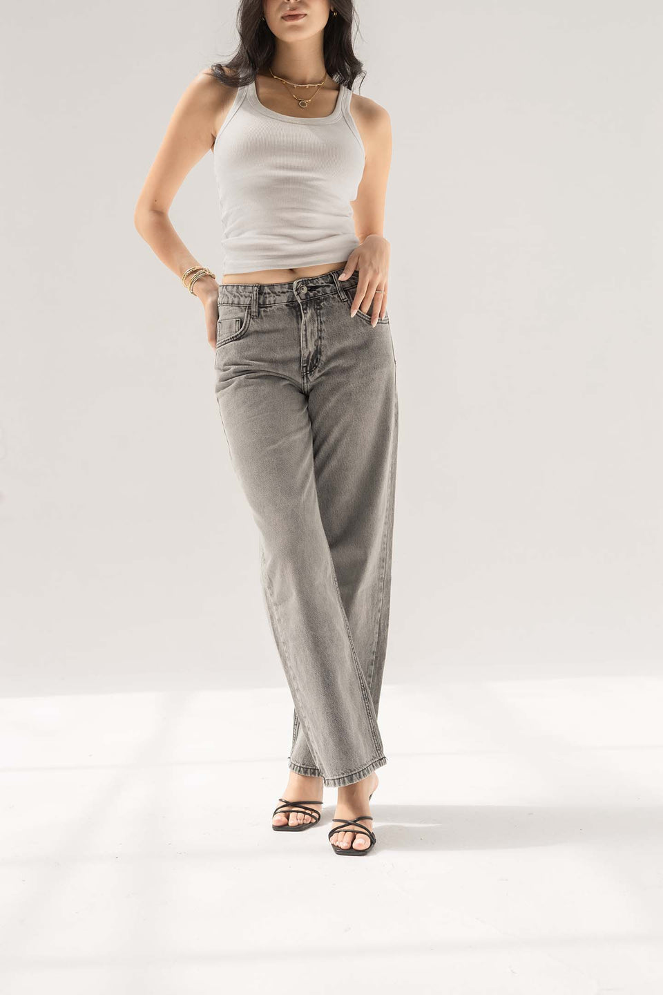 Light Grey Mid-Rise Relaxed Straight Jeans