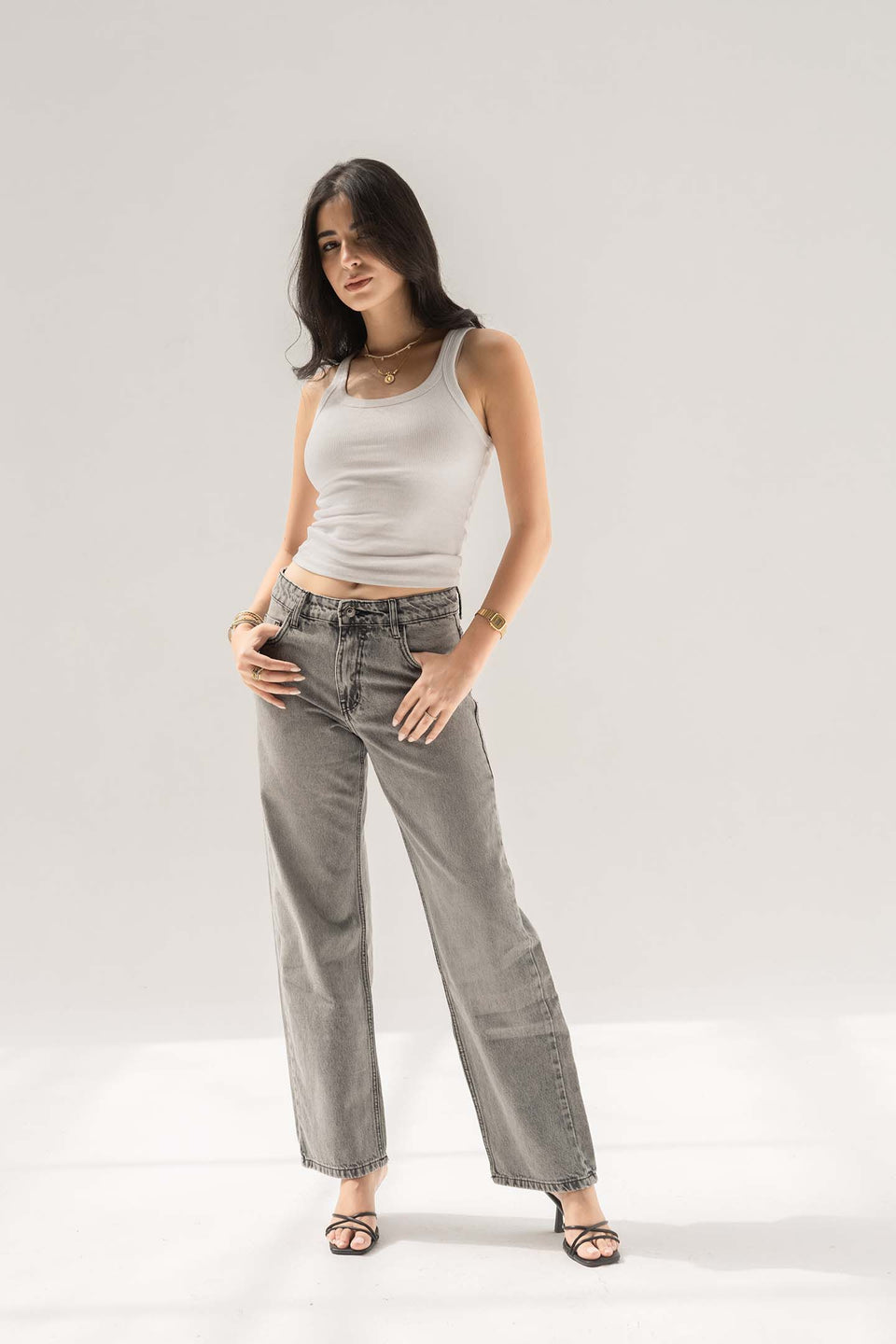 Light Grey Mid-Rise Relaxed Straight Jeans