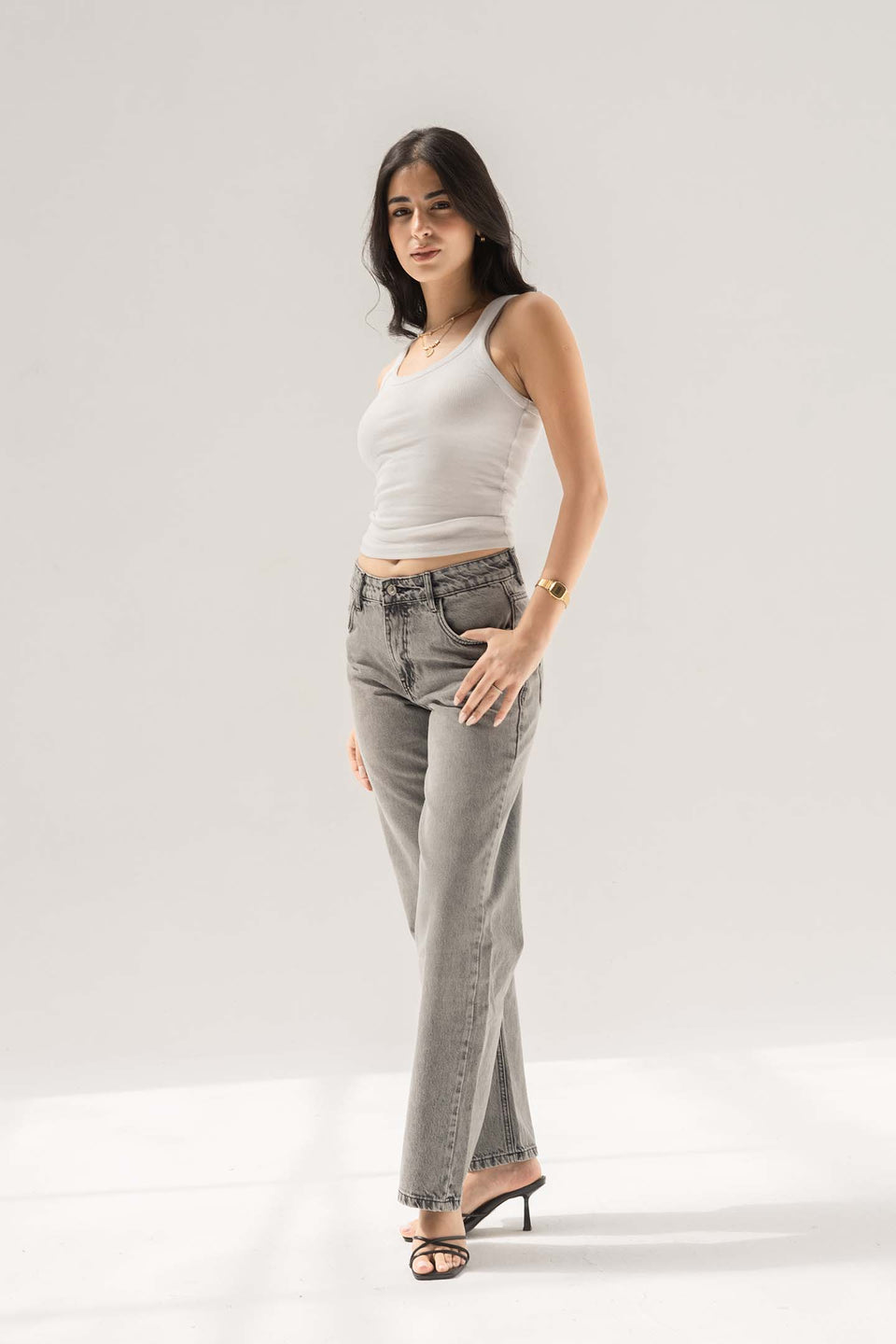 Light Grey Mid-Rise Relaxed Straight Jeans