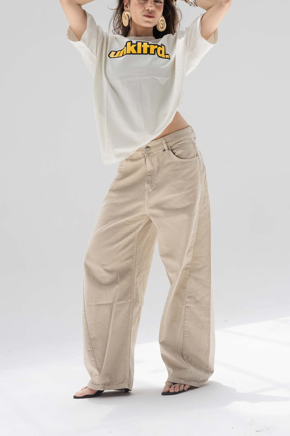 Beige Low-Rise Baggy Corduroy Pants