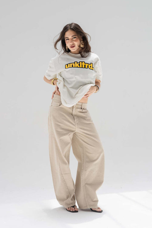 Beige Low-Rise Baggy Corduroy Pants