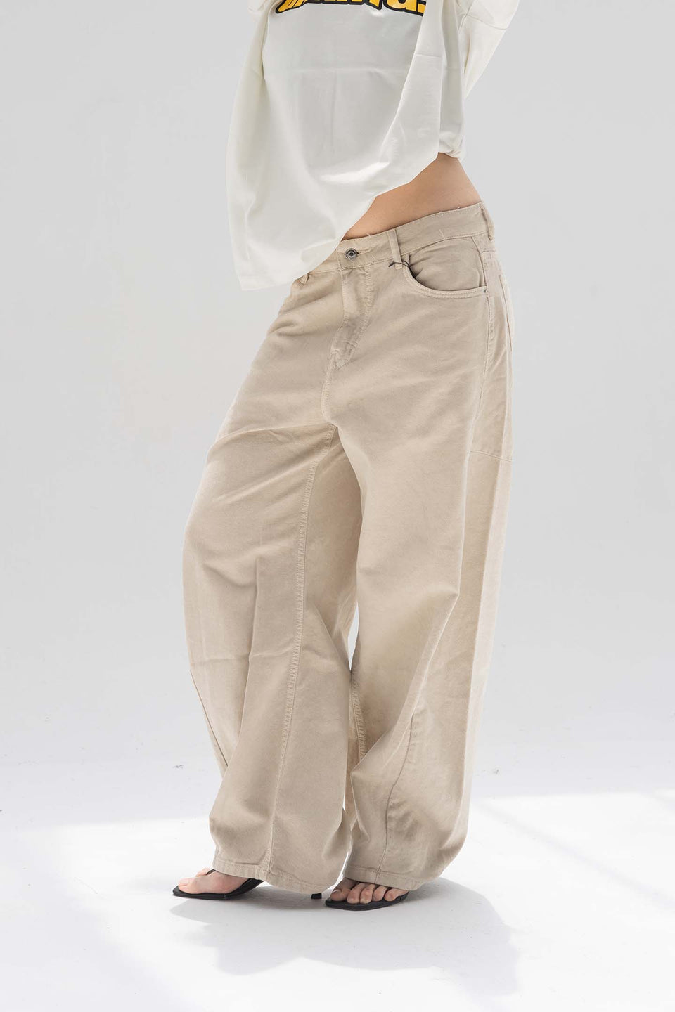 Beige Low-Rise Baggy Corduroy Pants
