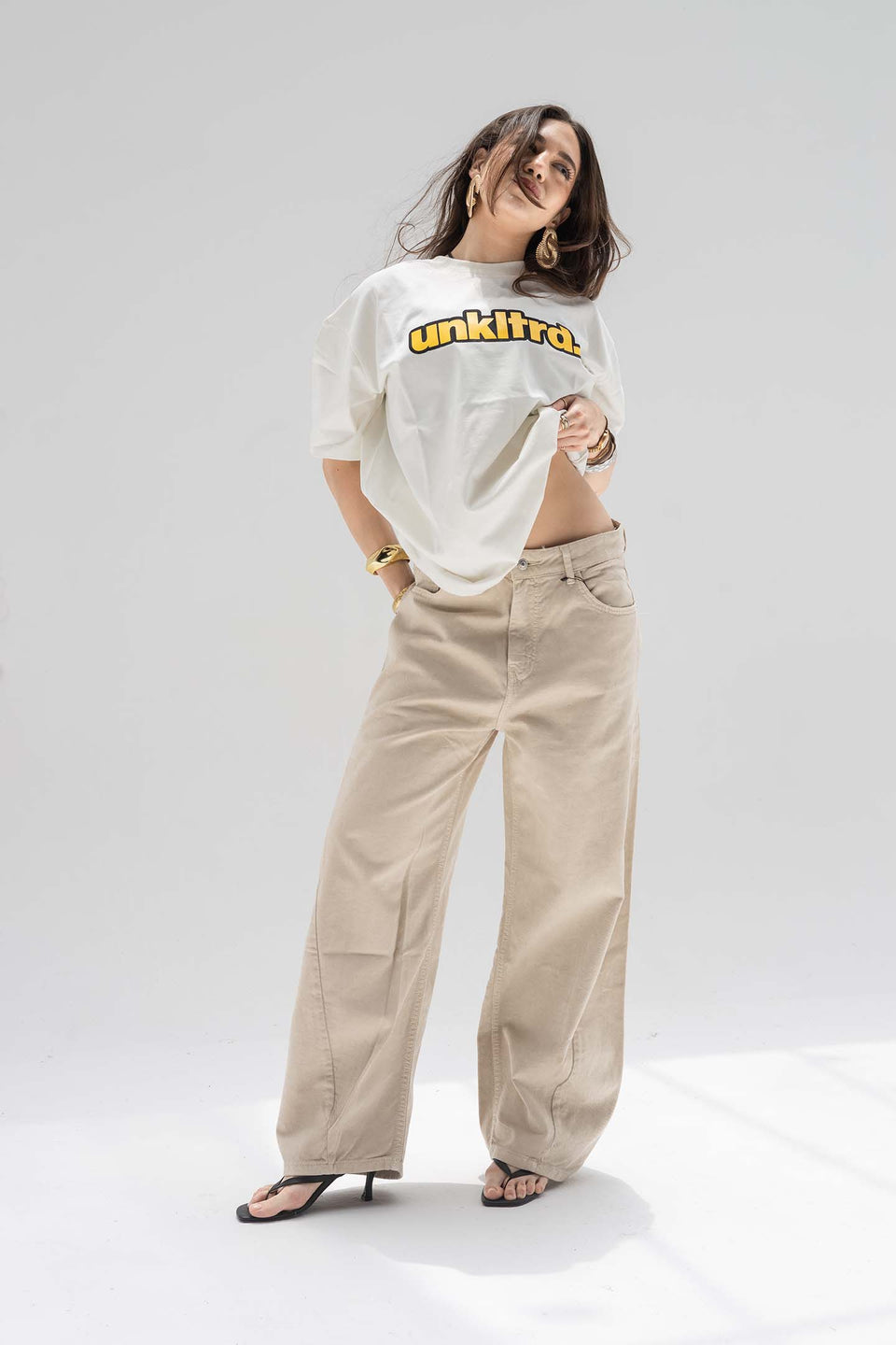 Beige Low-Rise Baggy Corduroy Pants