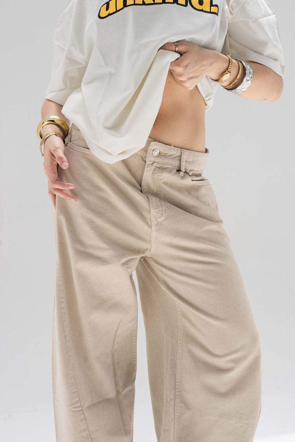 Beige Low-Rise Baggy Corduroy Pants