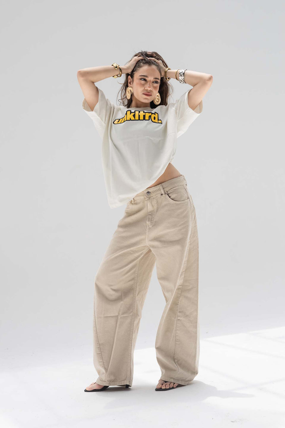Beige Low-Rise Baggy Corduroy Pants