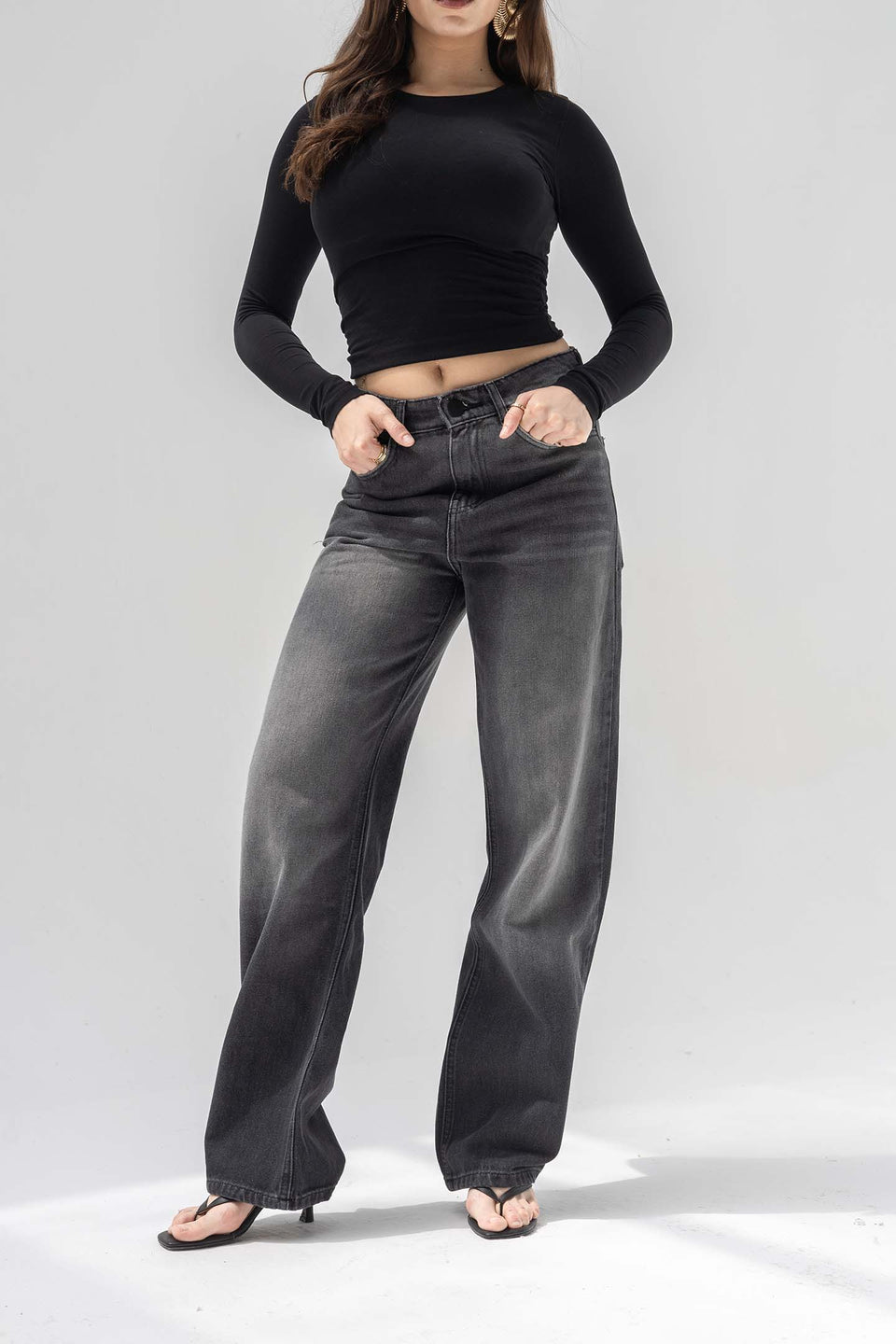 Dark Grey High-Rise Relaxed Wide-Leg Jeans