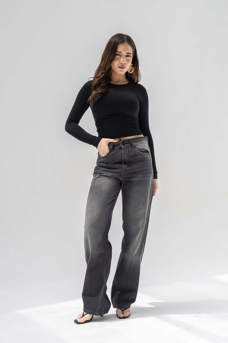 Dark Grey High-Rise Relaxed Wide-Leg Jeans