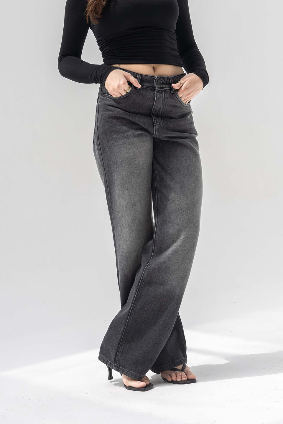 Dark Grey High-Rise Relaxed Wide-Leg Jeans