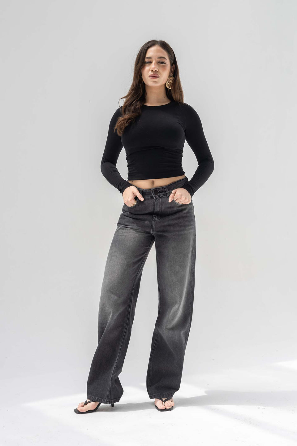 Dark Grey High-Rise Relaxed Wide-Leg Jeans