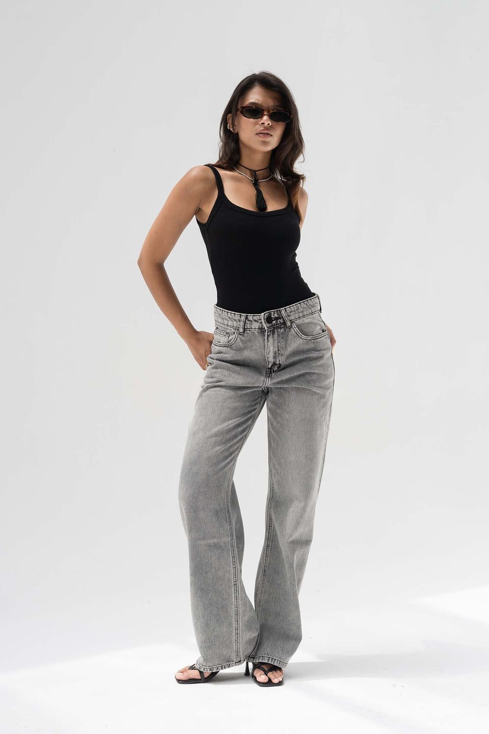 Grey High-Rise Relaxed Wide-Leg Jeans