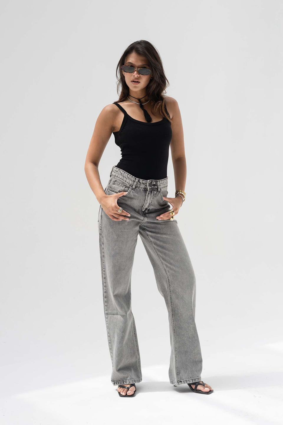 Grey High-Rise Relaxed Wide-Leg Jeans