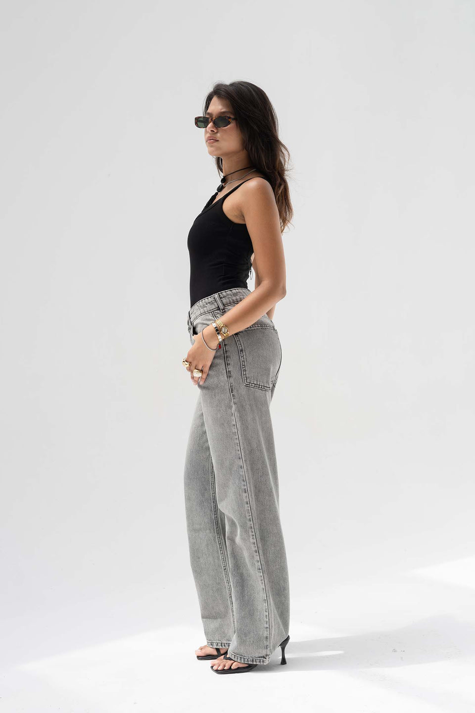 Grey High-Rise Relaxed Wide-Leg Jeans
