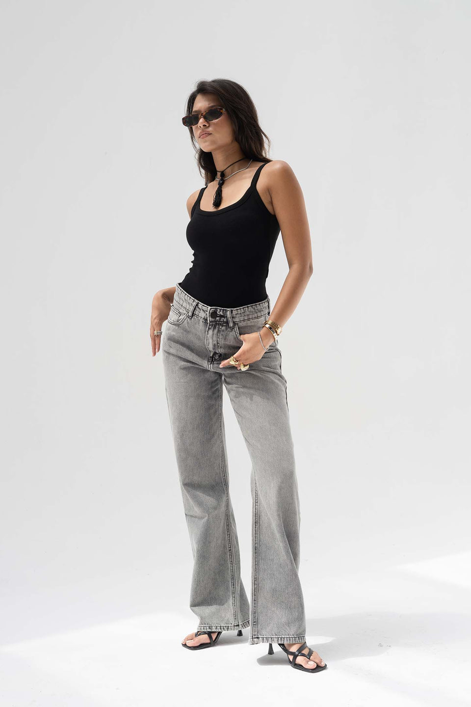 Grey High-Rise Relaxed Wide-Leg Jeans