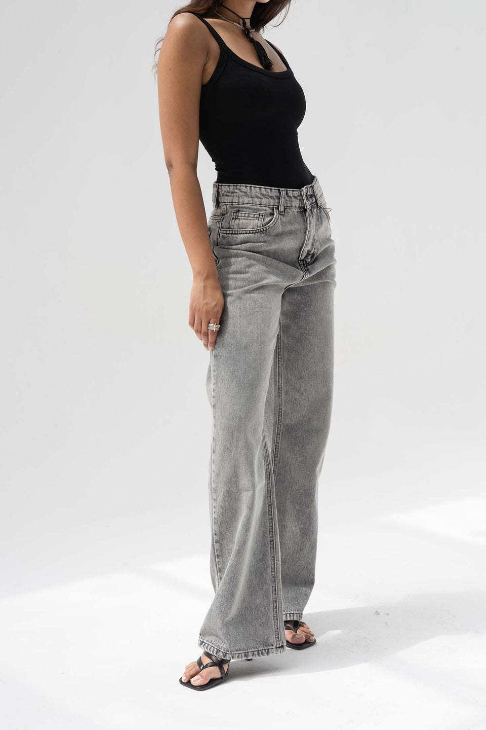 Grey High-Rise Relaxed Wide-Leg Jeans