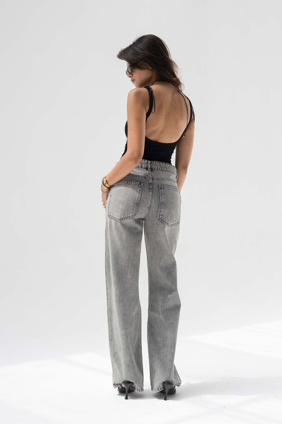 Grey High-Rise Relaxed Wide-Leg Jeans