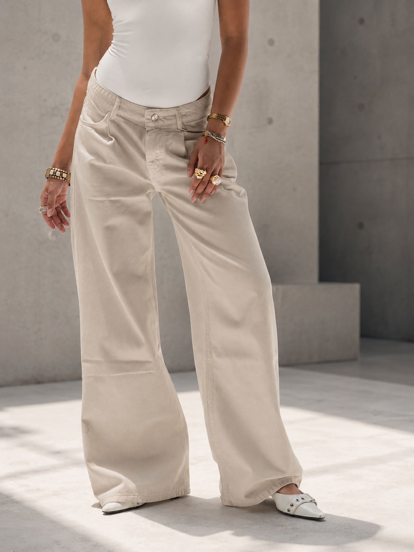 Beige High-Rise Wide-Leg Flare Jeans