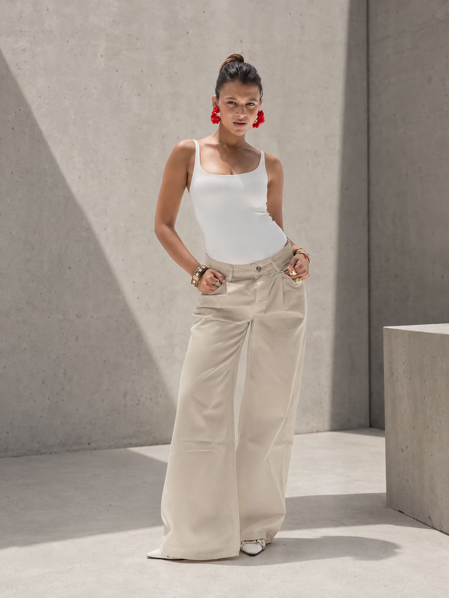 Beige High-Rise Wide-Leg Flare Jeans