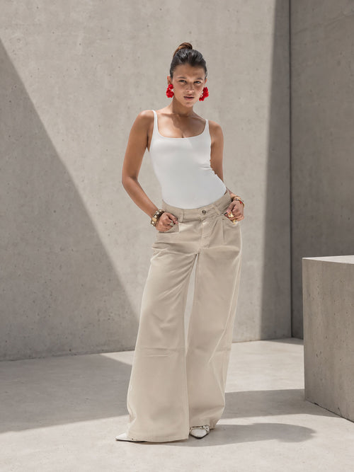 Beige High-Rise Wide-Leg Flare Jeans