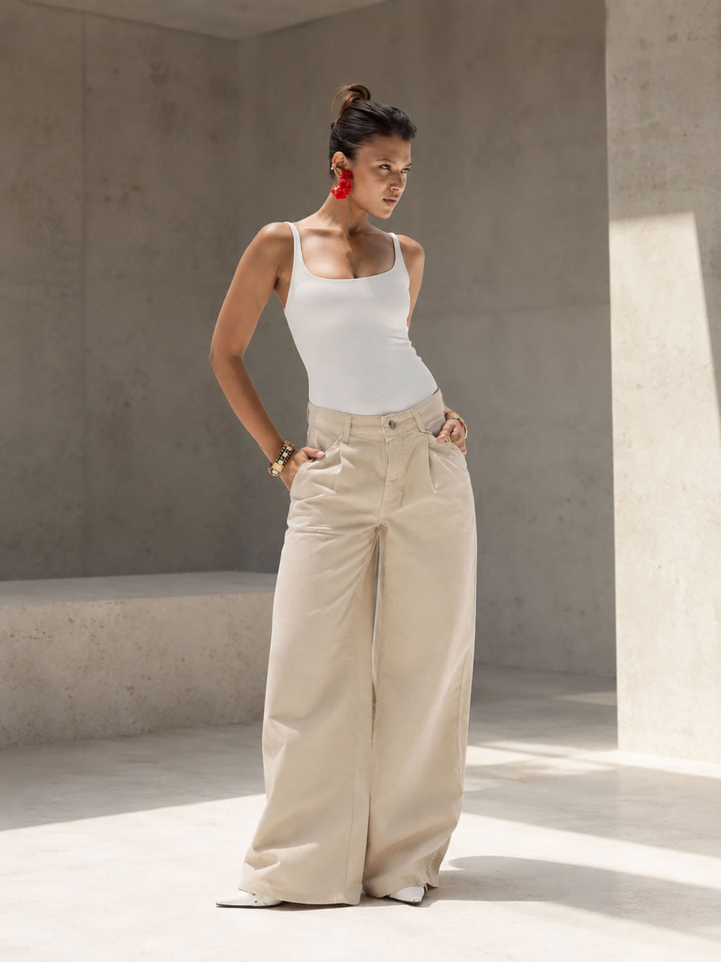 Beige High-Rise Wide-Leg Flare Jeans