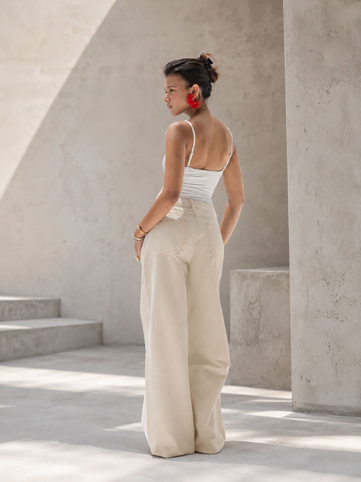 Beige High-Rise Wide-Leg Flare Jeans